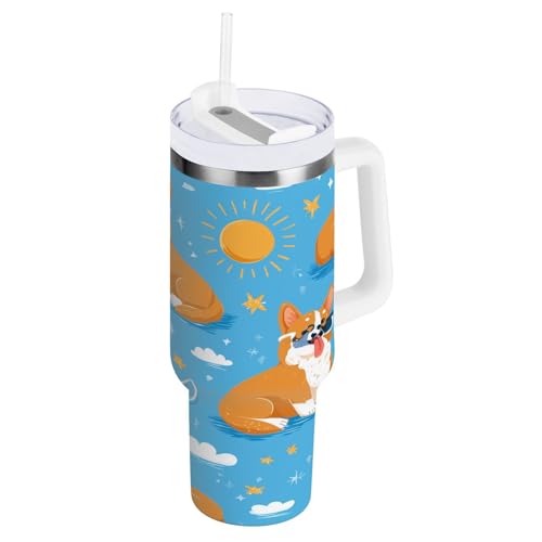 ZZXXB Corgi Dog and Clouds Isolierte Edelstahl-Wasserflasche mit Griff und Strohhalm-Deckel, doppelwandiger Reisebecher, 1,2 l von ZZXXB