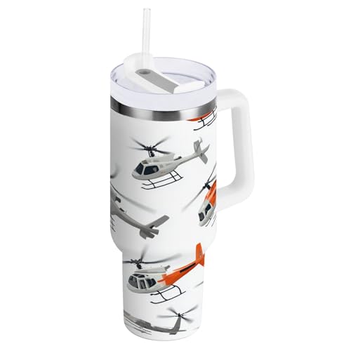 ZZXXB Isolierte Edelstahl-Wasserflasche mit Hubschrauber-Muster, mit Griff und Strohhalm-Deckel, doppelwandig, Reisebecher, 850 ml von ZZXXB