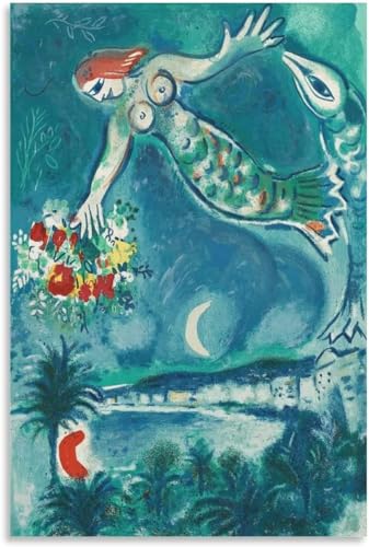ZZYGGN GMGSW Berühmtes Marc Chagall Poster《Sirene Und Fisch》Wandkunst Marc Chagall Drucke Marc Chagall Leinwandgemälde für Zuhause Wanddekoration Bild 50x70cm Kein Rahmen von ZZYGGN GMGSW