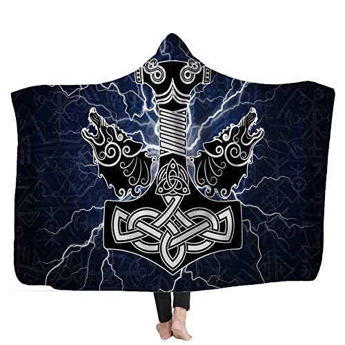 Decke mit Kapuze, 3D-Fleece, Motiv: Wolf, Tiere, Schwarz, Blau, Wikinger-Totem Rune, modische Decke, für Mädchen und Jungen, 150 cm x 200 cm von ZZYLCDT