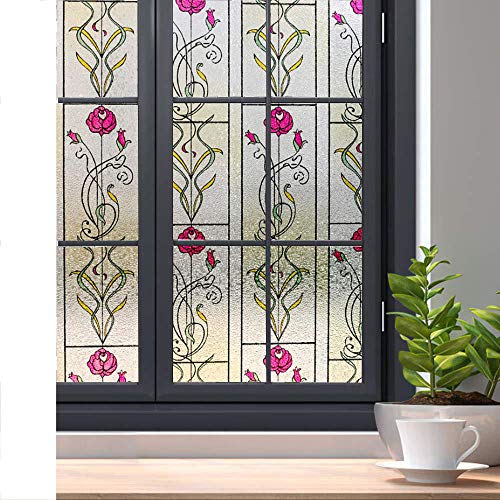 Fensterfolie Selbstklebend 44.5cm x 200cm Privatsphäre Fensteraufkleber Anti-UV Dekorfolie mit für Büro Küche Wohnzimme Badezimmer Schlafzimmer,Gestreiftes Rosenmuster von ZZYLCDT