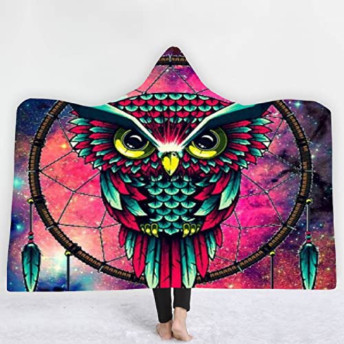 Mit Kapuze Decken Kuscheldecke Fleecedecke 130 cm x 150 cm Druck Super Weich Mit Kapuze Decke Gemütlich Plüsch Sherpa-Rote blaue psychedelische Eule von ZZYLCDT