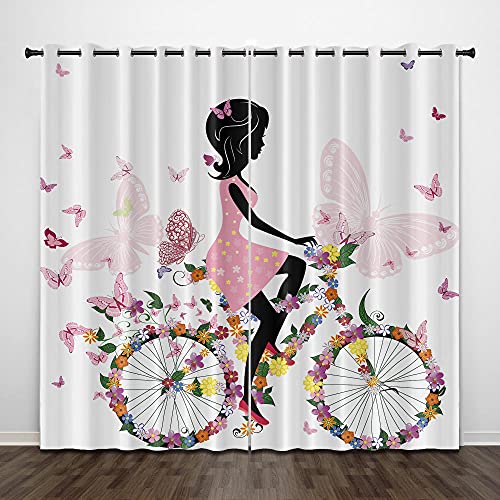 ZZYLCDT Gardinen mit Ösen 75x166cm x2 Verdunklungsvorhänge, Blickdicht, Energieeinsparende, Thermo Vorhang für Schlafzimmer & Wohnzimmer, Rosa Blume Schmetterling Fahrrad Mädchen von ZZYLCDT