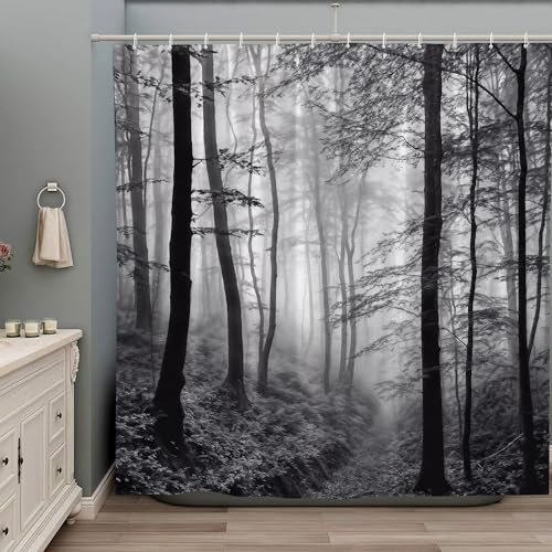 ZZYSKS Nebliger Wald-Duschvorhang, schwarz-weiß, neblige Naturlandschaft, Grau, Fantasie, Nebelbaum, rustikaler Bauernhaus, Outdoor-Badevorhang mit Haken, 178 x 178 cm (B x H) von ZZYSKS