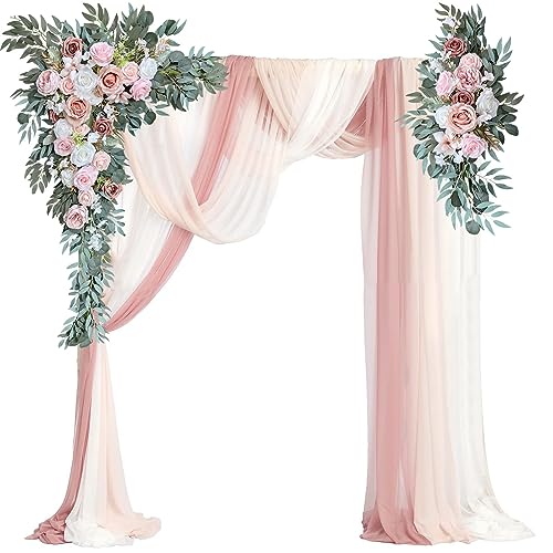 ZZYY Luxuriöses Hochzeitsbogen Blumen Kit – 2 Große Rosen Bogen Blumen – 3 Weich Chiffon Drape Stoffe für Zeremonie, Empfang, Hochzeit, Hintergrund, Party-Dekoration, 5pcs, Pink von ZZYY