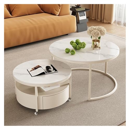 ZZlei2yu-12 Beistelltisch Rock Slab Couchtisch Home Runde Kombination Retro Schwarzer Eisen Wohnzimmer Mobiler mit Rollen Wohnzimmertisch Tisch(Weiß) von ZZlei2yu-12