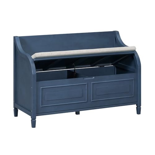 ZZlei2yu-12 Bettbank Aufbewahrungsbank for den Eingangsbereich aus Massivholz mit Sicherheitsscharnier. Multifunktionaler Schuhhocker mit abnehmbarem Polsterkissen Sitzbank(Navy) von ZZlei2yu-12