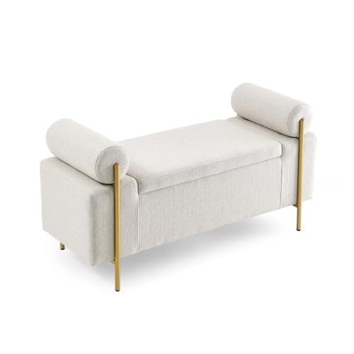 ZZlei2yu-12 Bettbank Elegante gepolsterte Aufbewahrungsbank aus Leinen mit zylindrischen Armlehnen und Eisenbeinen for Flur, Wohnzimmer, Schlafzimmer Sitzbank(Beige) von ZZlei2yu-12