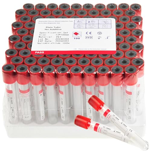 ZZwansuGE 100 BlutentnahmeröHrchen Aus Glas, Einweg-Vakuum-BlutentnahmeröHrchen, 3ml/5ml/10ml BlutentnahmeröHrchen, Mit Roten SchraubverschlüSsen, FüR Labore,10ml von ZZwansuGE