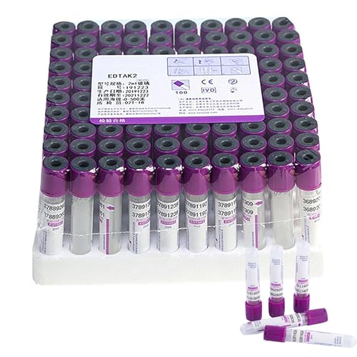 ZZwansuGE 100 X BlutentnahmeröHrchen Aus Glas (2ml 3ml 5ml 10ml), Einweg-Vakuum-BlutentnahmeröHrchen, EDTA K2 Antikoagulans-BlutentnahmeröHrchen, Mit Violettem Schraubverschluss + Farbetikett,5ml von ZZwansuGE
