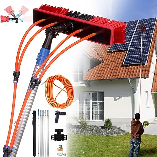 ZZwansuGE Fensterreinigung Mit Teleskopstange (5-12 M), Mit Wasseranschluss (4 SprüHköPfe), 180° Drehbarer BüRstenkopf, Einziehbarer Gartendachreiniger, Solarpanel-Reinigungsset,11m von ZZwansuGE
