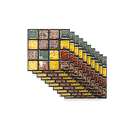 Fliesenaufkleber, DIY, rechteckig, 3D-Mosaik-Stil, Aufkleber für Küche, Wohnzimmer, Badezimmer, Heimdekoration, selbstklebend, 10 x 10 cm (Retro Boho, 10 Stück) von ZaLiX