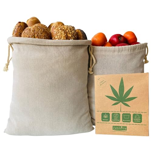 Zabiko24 - Brotbeutel 2er Set - aus 100% Natur Hanf - Zur Aufbewahrung von Brot, Obst und vielen weiteren Lebensmitteln (35 x 40 cm) - Brotsack Schutz gegen Schimmel und Bakterien - Gratis-Brotrezept von Zabiko24