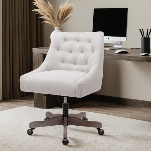 Drehstuhl für Heimbüro, moderner Stoff, gepolstert, getufteter Akzent, Computer-Schreibtischstühle mit ergonomischer breiter Rückenlehne und Holzbeinen, höhenverstellbarer Drehstuhl für Büro, Beige von Zaboro