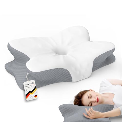 Zaburifo 50D Orthopädisches Nackenkissen mit Memory-Schaum | EU-Designpatent & Zertifizierungen | 2 Anti-Pilling-Bezüge | Vorbeugt & Lindert Kissen für Nackenschmerzen | Für Alle Schlafpos.(Weiß/Grau) von Zaburifo