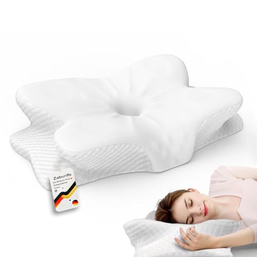 Zaburifo 50D Orthopädisches Nackenkissen mit Memory-Schaum | EU-Designpatent & Zertifizierungen | 2 Anti-Pilling-Bezüge | Vorbeugt & Lindert Kissen für Nackenschmerzen | Für Alle Schlafpos. (Weiß) von Zaburifo