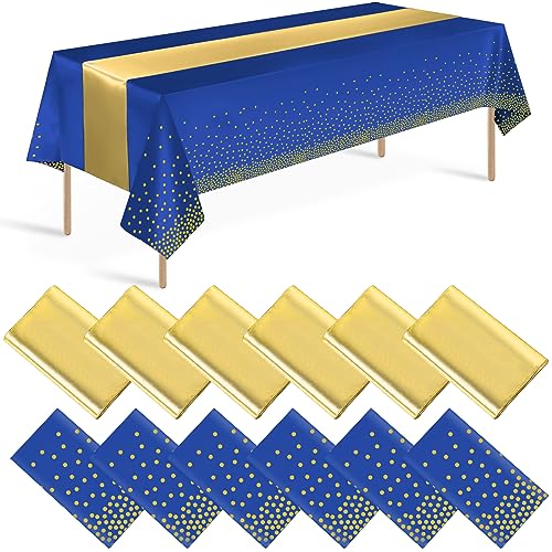 12 Stück blaue und goldene Tischdecke und Tischläufer Partydekorationen, königsblau und gold Kunststoff Einweg-Tischdecke und Satin-Tischläufer für Hochzeit Geburtstag Braut Babyparty Jubiläum Party von Zachely