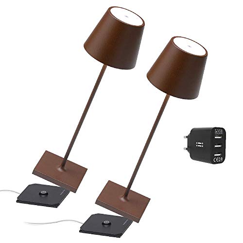 [Amazon Exclusive] Zafferano Kit 2x Poldina Pro Kabellose LED-Tischlampe Wiederaufladbar Touch-Dimmer - IP65 Innen/Außeneinsatz, Aluminium, H38cm mit Mehrfach-USB-Ladegerät, Corten von Zafferano