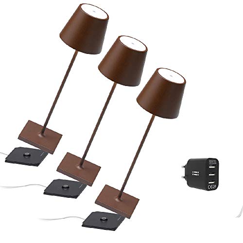 [Amazon Exclusive] Zafferano Kit 3x Poldina Pro Kabellose LED-Tischlampe Wiederaufladbar Touch-Dimmer - IP65 Innen/Außeneinsatz, Aluminium, H38cm mit Mehrfach-USB-Ladegerät, Corten von Zafferano