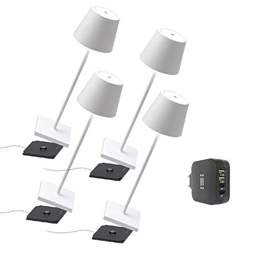 [Amazon Exclusive] Zafferano Kit 4x Poldina Pro Kabellose LED-Tischlampe Wiederaufladbar Touch-Dimmer - IP65 Innen/Außeneinsatz, Aluminium, H38cm mit Mehrfach-USB-Ladegerät, Weiß von Zafferano