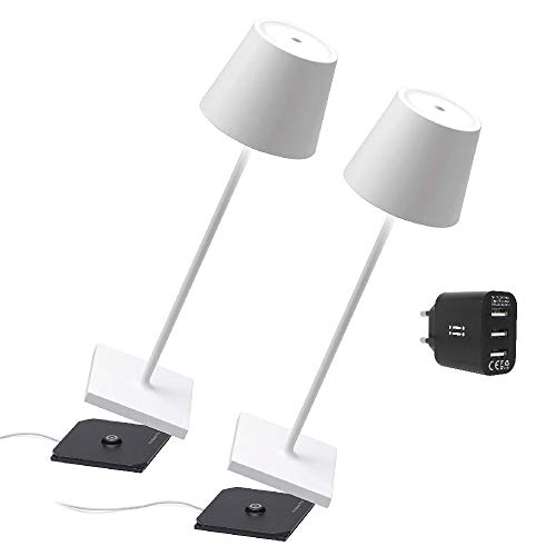 Zafferano [Amazon Exclusive] Kit 2x Poldina Pro Kabellose LED-Tischlampe Wiederaufladbar Touch-Dimmer - IP65 Innen/Außeneinsatz, Aluminium, H38cm mit Mehrfach-USB-Ladegerät, Weiß von Zafferano