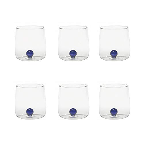 Zafferano Bilia Glasbecher - Handgemachtes Transparent Glas, Verziert mit bunter Glaskugel im Inneren, cl 44 h 90mm d 88mm - Set 6 Stück - blau von Zafferano
