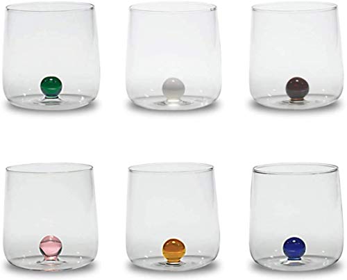 Zafferano Bilia Glasbecher - Handgemachtes Transparent Glas, Verziert mit bunter Glaskugel im Inneren, cl 44 h 90mm d 88mm - Set 6 Stück - farblich sortiert von Zafferano