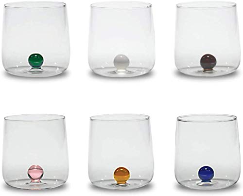 Zafferano Bilia Glasbecher - Handgemachtes Transparent Glas, Verziert mit bunter Glaskugel im Inneren, cl 44 h 90mm d 88mm - Set 6 Stück - Farblich Sortiert Zafferano Bilia Glasbecher - Handgemachtes Transparent Glas, Verziert mit bunter Glaskugel im Inneren, cl 44 h 90mm d 88mm - Set 6 Stück - Farblich Sortiert von Zafferano