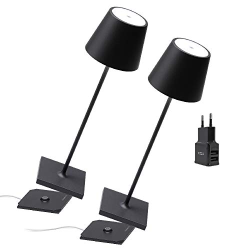 [Amazon Exclusive] Zafferano Kit 2x Poldina Pro Lim Auflage Kabellose LED-Tischlampe Wiederaufladbar Touch-Dimmer - IP65 Innen/Außeneinsatz, Aluminium, H38cm mit Mehrfach-USB-Ladegerät - Schwarz von Zafferano