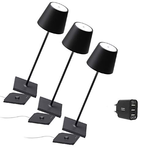Zafferano Kit 3x Poldina Pro Lim Auflage Kabellose LED-Tischlampe Wiederaufladbar Touch-Dimmer - IP65 Innen/Außeneinsatz, Aluminium, H38cm mit Mehrfach-USB-Ladegerät - Schwarz [Amazon Exclusive] von Zafferano