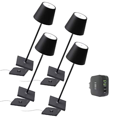 [Amazon Exclusive] Zafferano Kit 4x Poldina Pro Lim Auflage Kabellose LED-Tischlampe Wiederaufladbar Touch-Dimmer - IP65 Innen/Außeneinsatz, Aluminium, H38cm mit Mehrfach-USB-Ladegerät - Schwarz von Zafferano