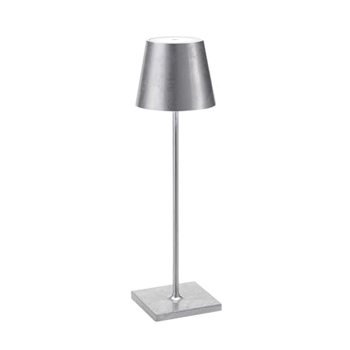 Zafferano Poldina Pro - Dimmbare LED-Tischlampe aus Aluminium, Schutzart IP54, Verwendung im Innen-/Außenbereich, Kontaktladestation, H38cm, EU-Stecker (Blattsilber) von Zafferano