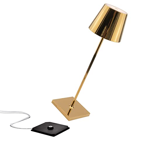 Zafferano Poldina Pro Kabellose LED-Tischlampe Aufladbar - Dimmbare Touch Akku Lampe mit Galvanischem Finish - Lichtfarbtemp. 2700-3000K - Aluminium H38 (Glänzend Gold) von Zafferano