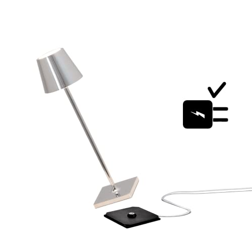 Zafferano Poldina Pro Micro Kabellose LED-Tischlampe Wiederaufladbar 2200-2700-3000K, IP65 Innen/Außeneinsatz, Lange Lebensdauer, Aluminium, H27.5cm mit Mehrfach-USB-Ladegerät (EU/UK/US) - Silber von Zafferano