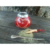 Handgeschnitzter Mate - Graviertes Herz Corazon + Stroh Bonus Löffel Sugar/Yerba Argentinier Gourd Red von ZagannGifts