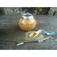 Personalisierter Mate Calabaza Graviert Uruguay + Dein Tex - Stroh Logo Uruguay Flagge Lasergravierte Gourd Geschenk Bonus Löffel von ZagannGifts