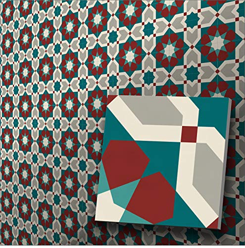 20 Stk. Zementfliesen mit Dekor Astra petrol rot - Kleinformat 10x10x1,2cm - Vintage Retro Fliesen von Zagora