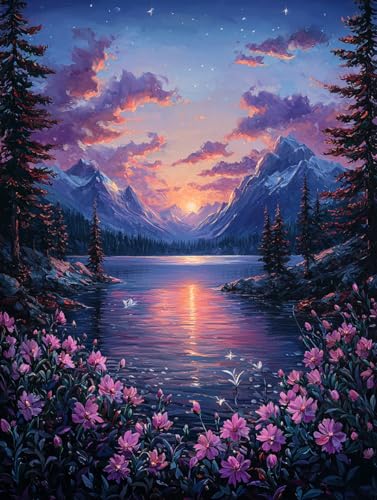 Diamond Painting Landschaft, DIY Blume Diamond Painting Eckige Steine Set Erwachsene, 5D Kreuzstich Stickerei Diamant Malerei, Mosaikherstellung Basteln Erwachsene Bilder, Haus Wanddeko 50x70cm H-76 von Zahnngxp