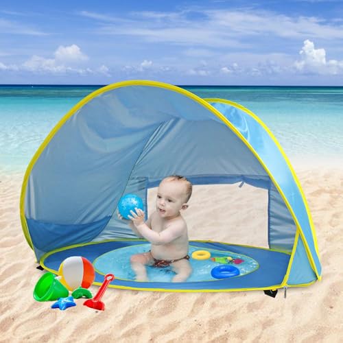 Zahoken Baby Strandmuschel Strandzelt, Baby Zelt Mit Mini Pool, Tragbarer Zelt-Sonnenschutz Mit Tragetasche, UV-Schutz, Strandschatten, Tragbarer Mini-Pool Für Kleinkinder 0-3 Jahre von Zahoken
