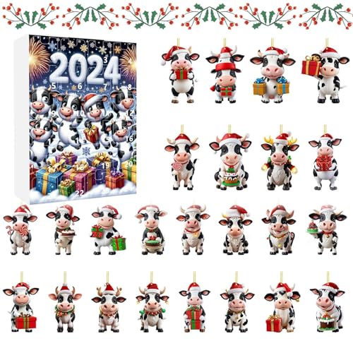 Zahoken Kalender Adventsschmuck, 24 Türchen Hängbare Kuh Deko Countdown Kalender, 2D Acryl Festtagsanhänger für Lehrer Gemeindemitglieder Familienbindung Klassenraum Jugendliche Schulveranstaltungen von Zahoken
