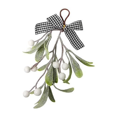 Zahoken Künstlicher Grüner Mistelzweig,Handgemachtes Mistelbouquet Mit Schleife - Weihnachtsdekoration für Kamin Türrahmen Hof Kränze Türknäufe Garten Nutzung von Zahoken