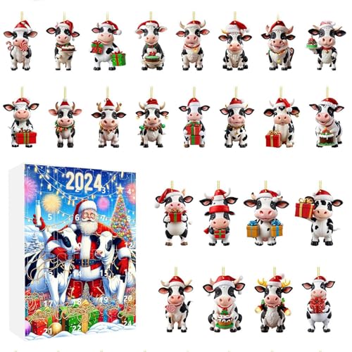 Zahoken Weihnachtsornament Adventskalender - 24 Türchen Hängbare Kuh Deko Countdown Kalender - 2D Acryl Wohnkultur Für Festtage Veranstalter Schulaktivitäten Familienzeit Kinder Pädagogen von Zahoken