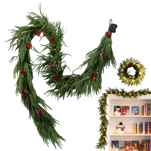 Zahoken Zedern Girlande,1.8m Künstliche Pflanzendeko | Beleuchtete Realistische Weihnachtsgirlande | Für Weihnachten Innenbereich Kaminsims Tisch Tür Fenster Hochzeit Party Küche von Zahoken