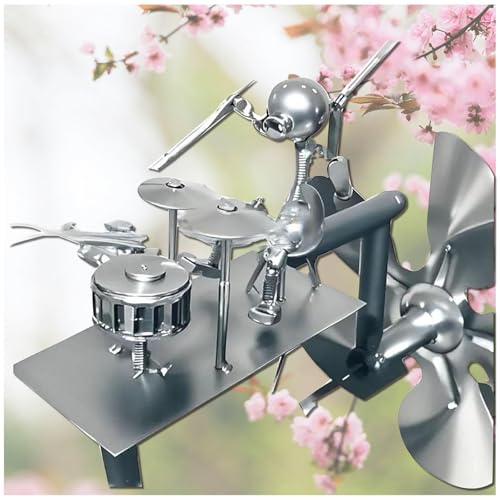 Handgefertigte Guitar Windmühle Aus Metall, Percussionist-Musikfiguren WindräDer, 32cm Drummer Magische WindmüHle, FüR Den AußEnbereich,Terrasse, Rasen,Silver von ZaiZaiSMao