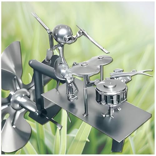 Handmade Metal Drummer Windmill, Percussionist-Musikfiguren Handmade Metal Drummer Windmühle, 32cm Drummer Metall WindmüHle, FüR Terrasse Und Garten,Silver von ZaiZaiSMao