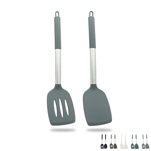 ZAIGON 2er Set Robuste, Antihaftbeschichtete Silikon Pfannenwender - Hitzebeständig und BPA-frei - Ideales Kochutensil für Fisch, Eier und Pfannkuchen (Grau) von Zaigon