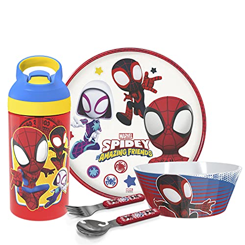 Zak Designs 5-teiliges Geschirr-Set, Marvel Spidey und seine erstaunlichen Freunde, robuster Kunststoff und Edelstahl, inklusive Wasserflasche, Teller, Schüssel, Gabel und Löffel, geeignet für Kinder von Zak Designs