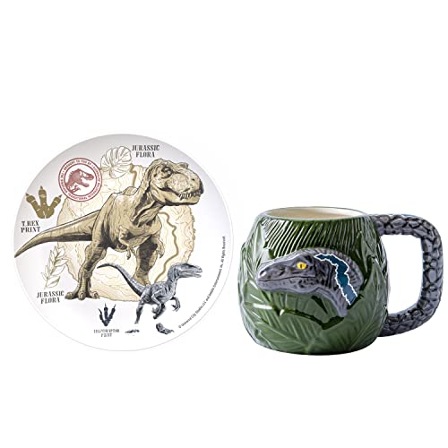 Zak Designs Jurassic World Dominion Movie Keramik-Tasse und Teller für Kaffee, Tee, Frühstück oder Dessert, 3D-Charaktere, Sammlerstück, Andenken (2-teilig, kein BPA) von Zak Designs