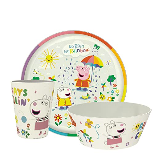 Zak Designs Peppa Pig Kindergeschirr-Set, 3-teilig, langlebige und nachhaltige Melamin-Bambus-Teller, Schüssel und Becher sind perfekt für das Abendessen mit der Familie (Peppa, Suzy, Zuzu) von Zak Designs