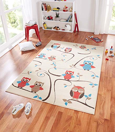 Zala Living Owl's Design Velours Kinderteppich, Popypropylen, Beige/Blau, 200 x 140 x 0,9 cm von Zala Living